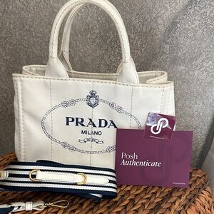 Prada Cream Canvas Tote with Navy Accents